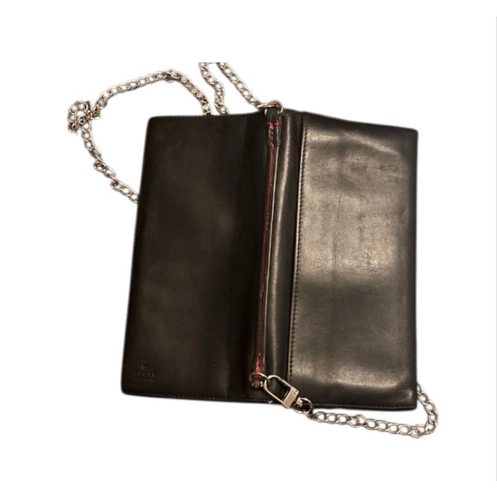 Gucci Bifold Long Wallet Black Leather With Silver Chain Strap Cocktail Party - Picture 5 of 16